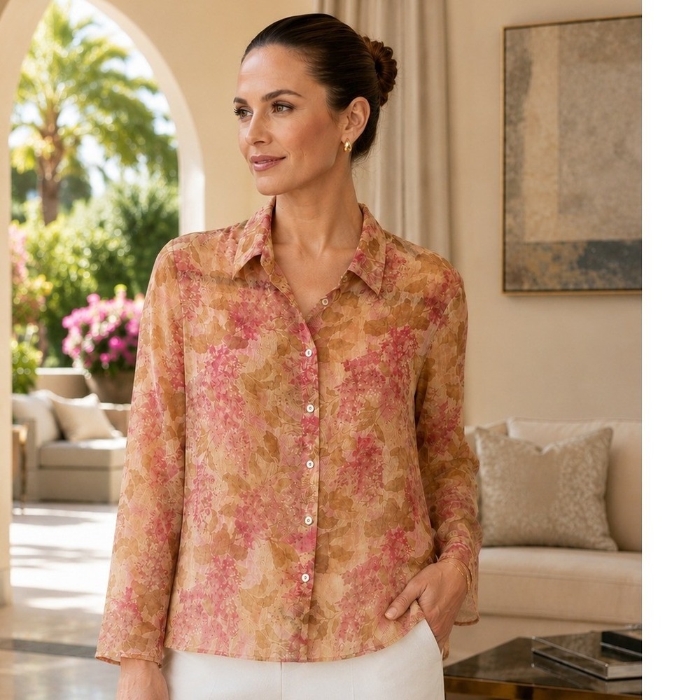 Maud Frizon Paris Vintage Sheer Floral Blouse Made in Italy Pink Tan Mesh Top